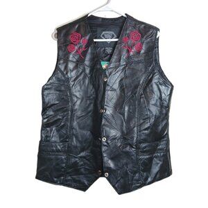 Diamond Plate Buffalo Leather Vest Womens XL Black Floral Embroidered Roses Moto